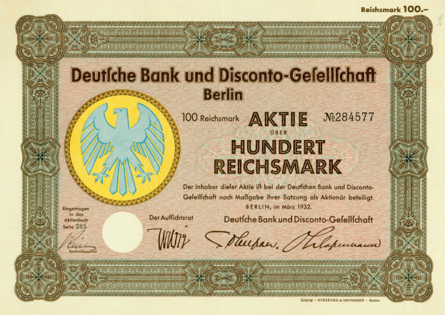 Alte deutsche Banknote mit einem Vogelmotiv und der Aufschrift "Deutsche Bank und Disconto-Gesellschaft Berlin".