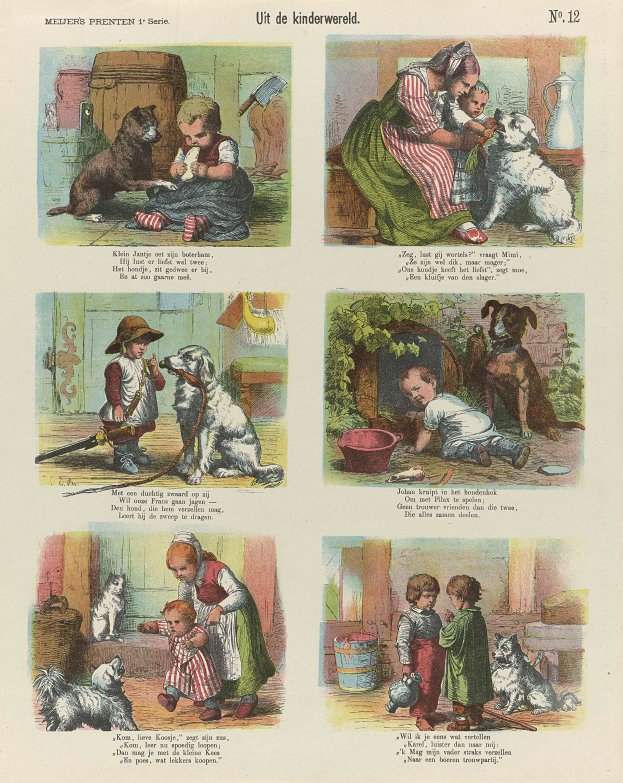 Ein Buchseitenbild mit Kindern in bunten Kleidern und verschiedenen Hundewelpen, mit Kursivtext umgeben von einem dekorativen Rahmen.