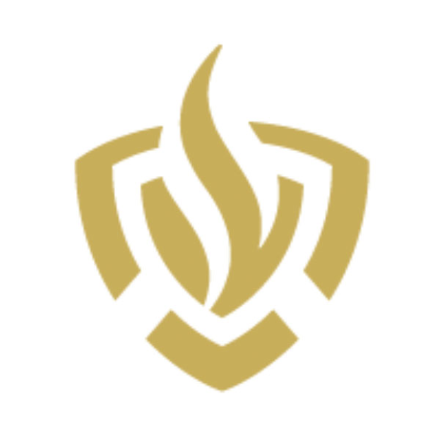 Ein goldenes Logo mit einem weißen Hintergrund und einem stilisierten Feuer in der Mitte.