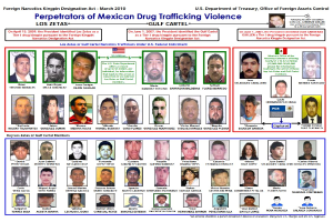 Plakat betitelt "Täter der mexikanischen Drogenhandelsgewalt" mit Bildern von Individuen verschiedenen Alters, Geschlechts und Ethnien, alle frontal mit ernsten Gesichtern vor einem hellblauen Hintergrund.
