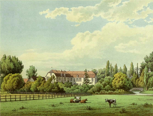 Bild eines Kuhs in einer Wiese mit einem Holzzaun, Bäumen, Gebäuden mit Fenstern, einer Brücke und einem bewölkten Himmel, mit Text unten, der 'Kühe auf der Weide in Wiesbaden, Deutschland' lautet.